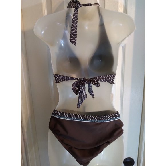 VM Swimsuit 3 Pc Halter Top Bikini Bottom & Skirted Bottom Sz M Brown - Picture 4 of 11